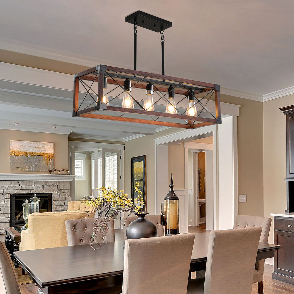 Red Wood Industrial Farmhouse Rectangle Pendant Light – 5-Light Chandelier