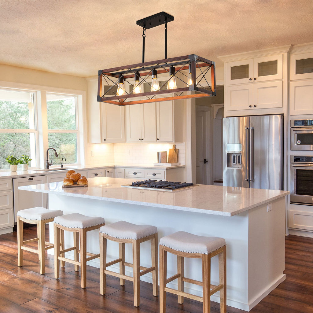 Red Wood Industrial Farmhouse Rectangle Pendant Light – 5-Light Chandelier