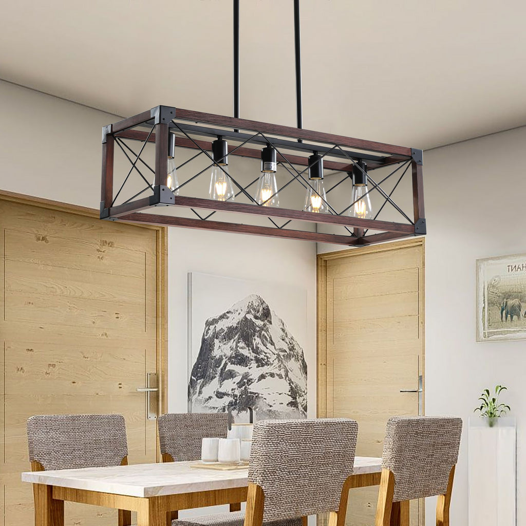 Red Wood Industrial Farmhouse Rectangle Pendant Light – 5-Light Chandelier