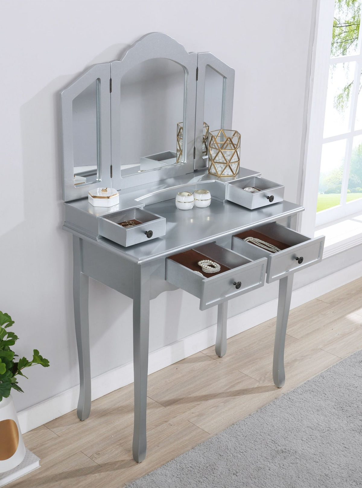 Sanlo Silver Wooden Vanity Table and Stool Set with Mirror