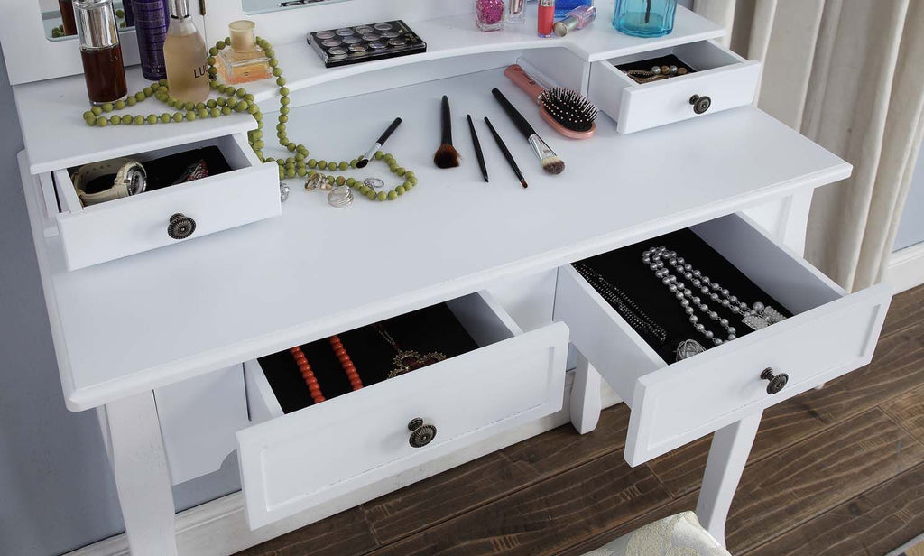 Sanlo Antique White Vanity, Mirror and Bench Set
