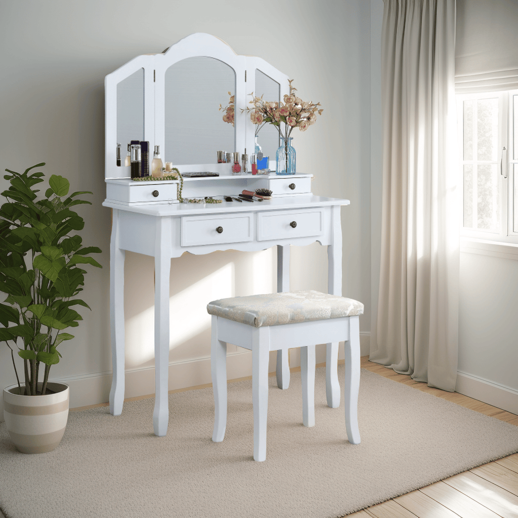 Sanlo Antique White Vanity, Mirror and Bench Set
