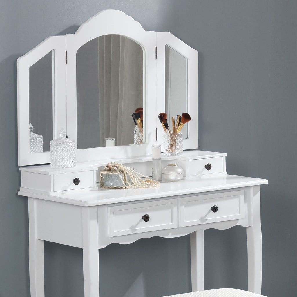Sanlo Antique White Vanity, Mirror and Bench Set