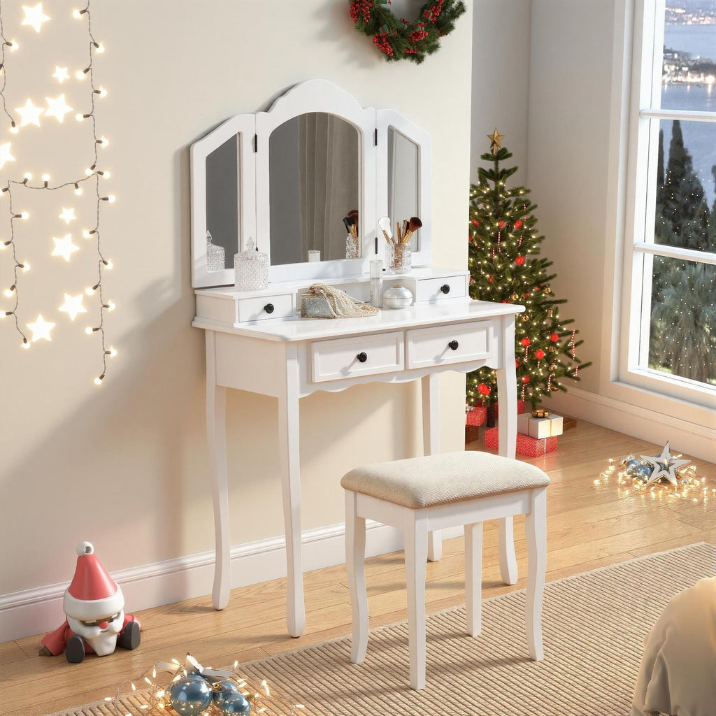 Sanlo Antique White Vanity, Mirror and Bench Set
