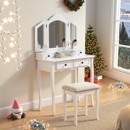 Sanlo Antique White Vanity, Mirror and Bench Set