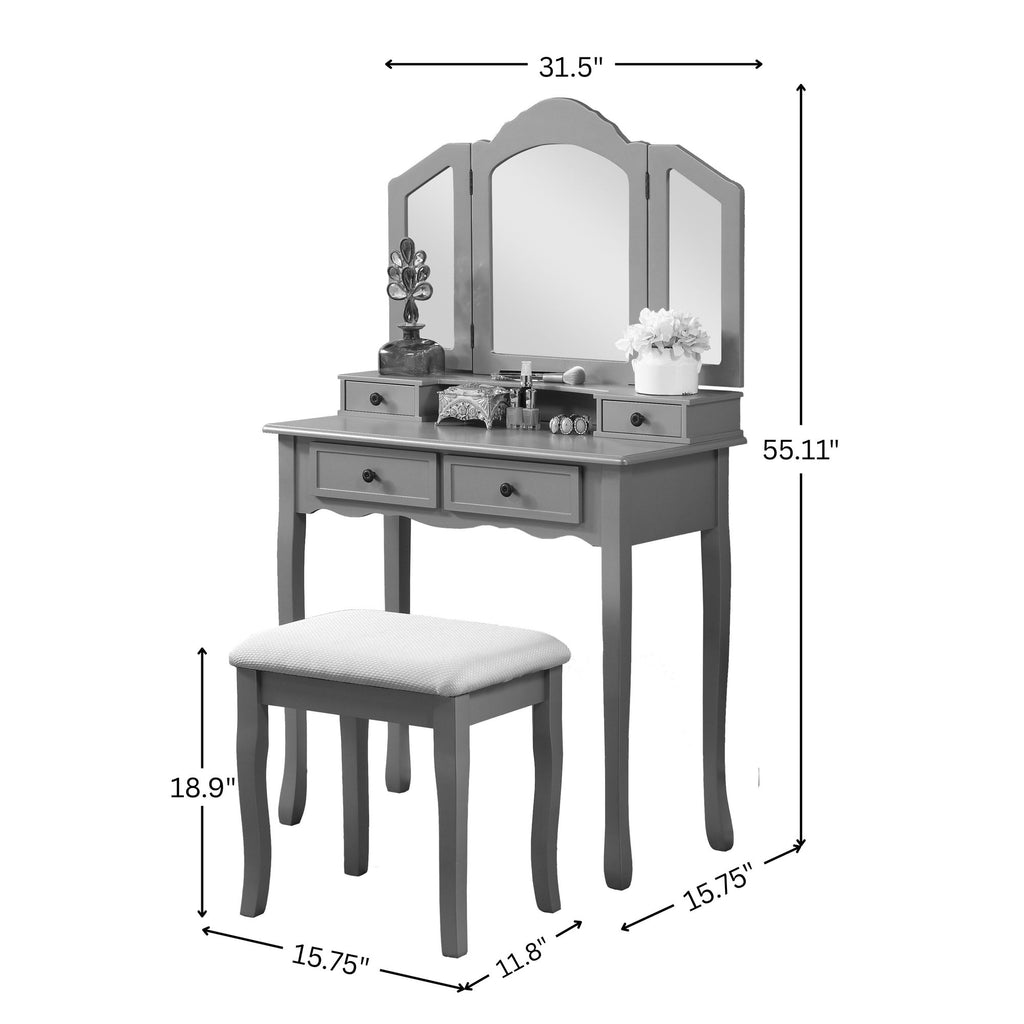 Sanlo Antique White Vanity, Mirror and Bench Set