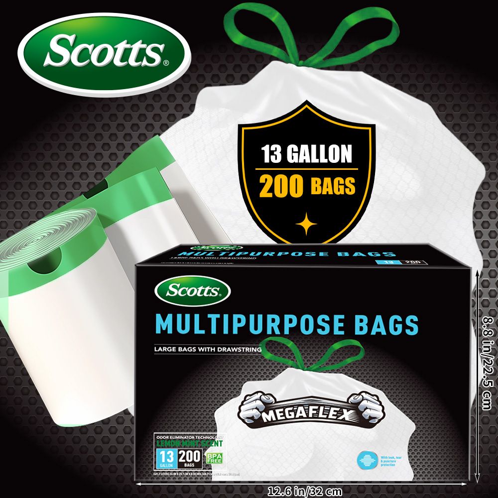 Scotts 200 Count 13 Gallon Kitchen Trash Bags with Deodorization Technology and Lemon Scent