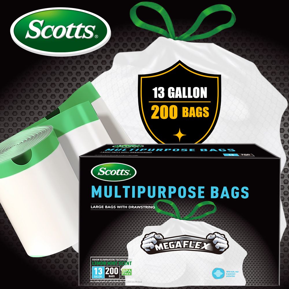 Scotts 200 Count 13 Gallon Kitchen Trash Bags with Deodorization Technology and Lemon Scent