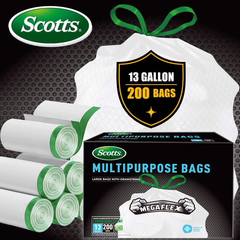 Scotts 200 Count 13 Gallon Kitchen Trash Bags with Deodorization Technology and Lemon Scent