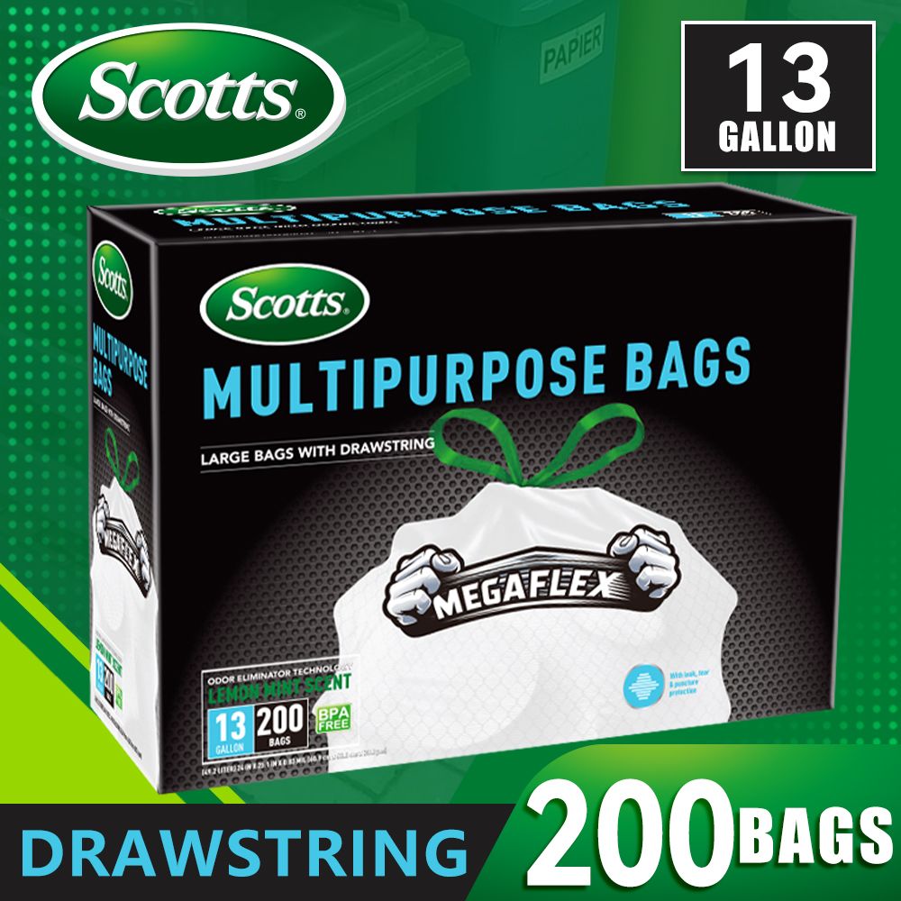 Scotts 200 Count 13 Gallon Kitchen Trash Bags with Deodorization Technology and Lemon Scent
