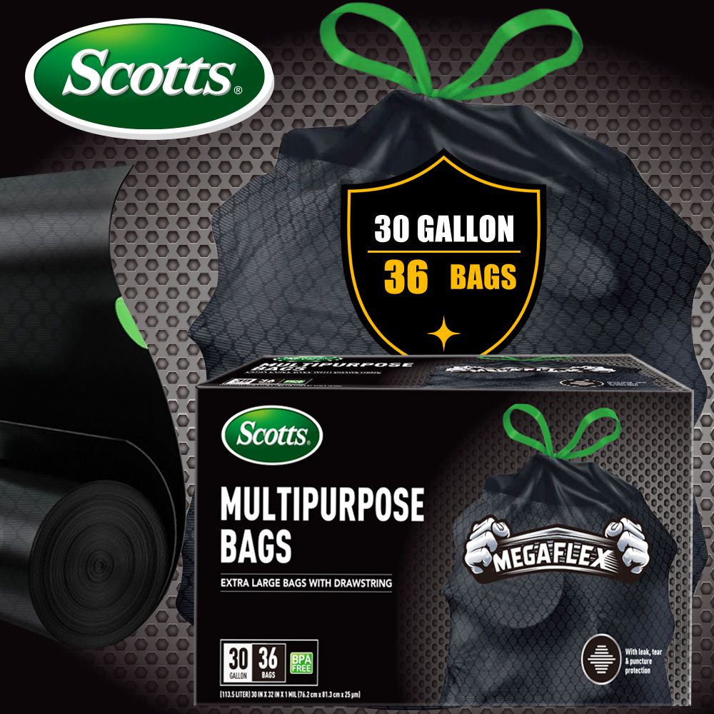 Scotts 36 Bags 30 Gallon Box Disposable Non-Rip Black Large Drawstring Garbage Bags, Suitable for La