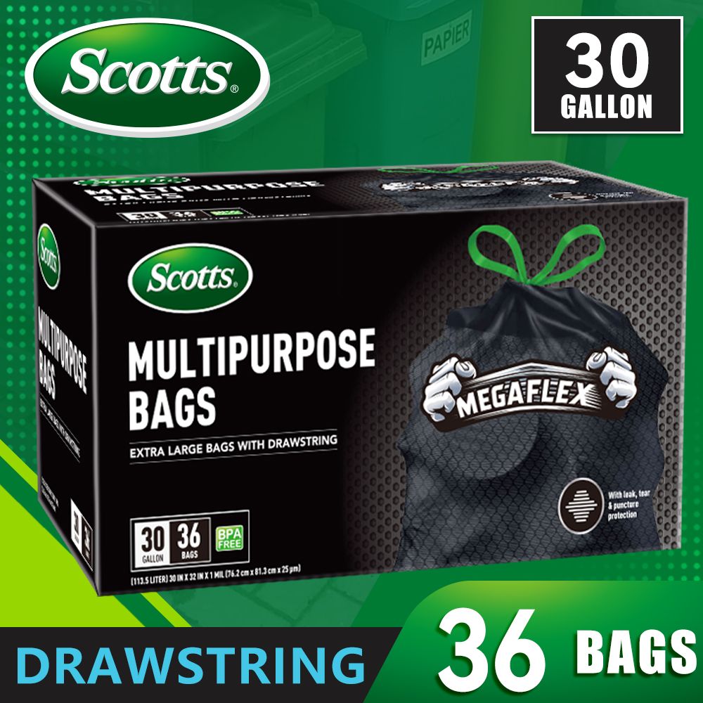 Scotts 36 Bags 30 Gallon Box Disposable Non-Rip Black Large Drawstring Garbage Bags, Suitable for La