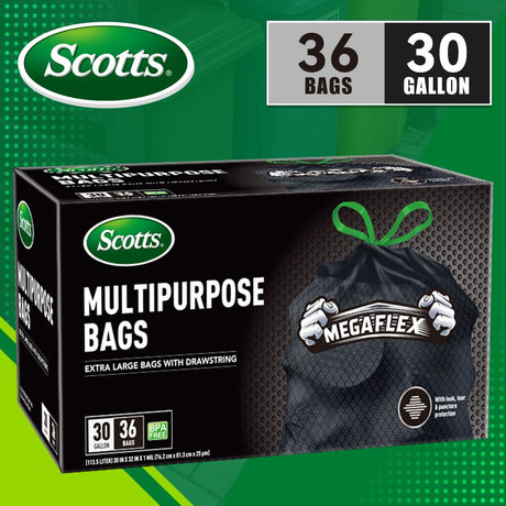 Scotts 36 Bags 30 Gallon Box Disposable Non-Rip Black Large Drawstring Garbage Bags, Suitable for La