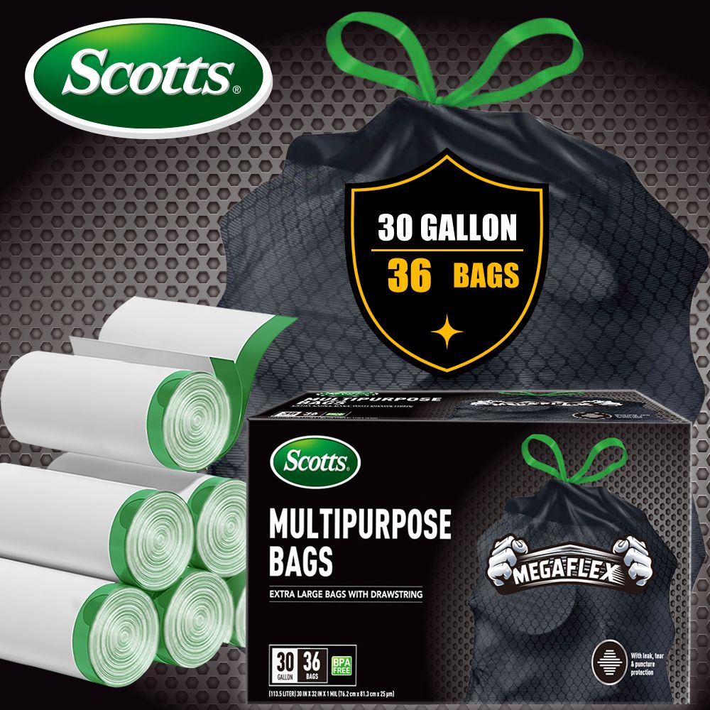 Scotts 36 Bags 30 Gallon Box Disposable Non-Rip Black Large Drawstring Garbage Bags, Suitable for La