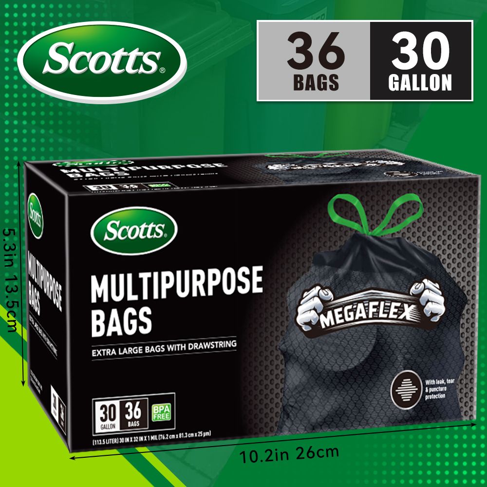 Scotts 36 Bags 30 Gallon Box Disposable Non-Rip Black Large Drawstring Garbage Bags, Suitable for La