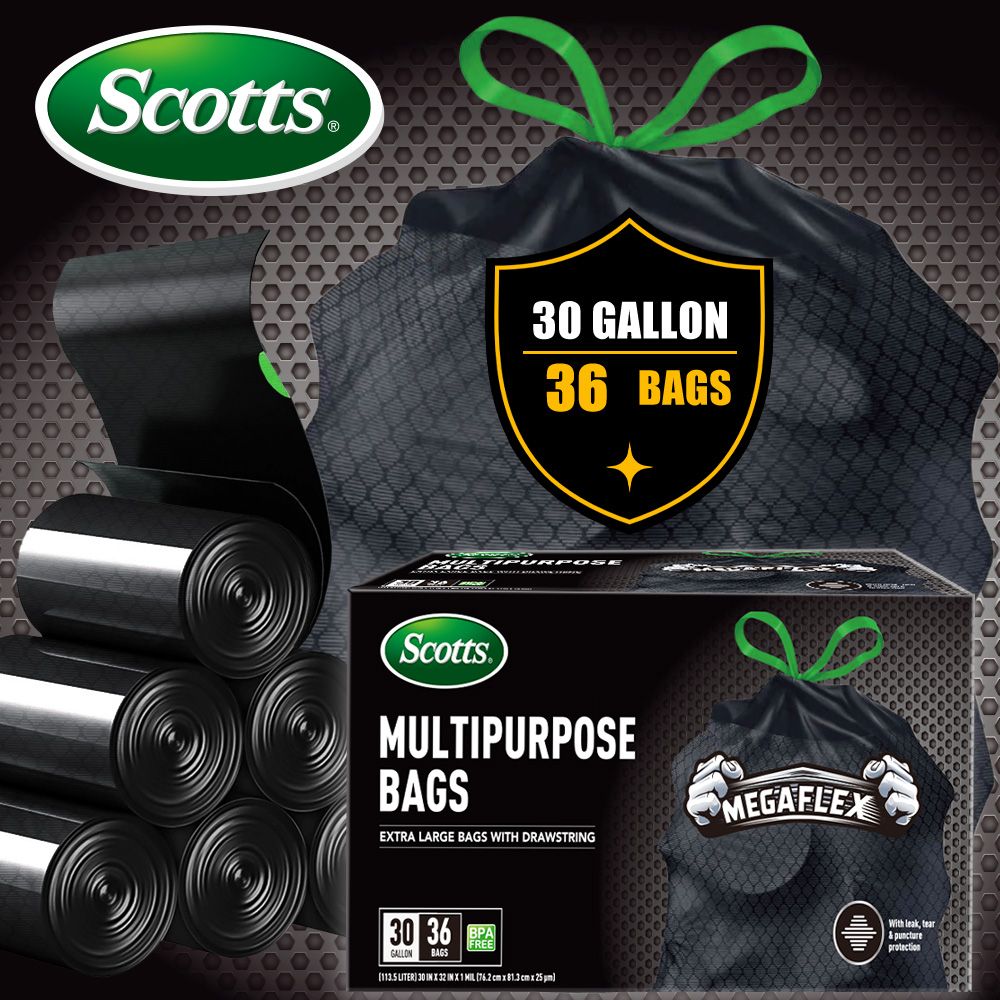 Scotts 36 Bags 30 Gallon Box Disposable Non-Rip Black Large Drawstring Garbage Bags, Suitable for La
