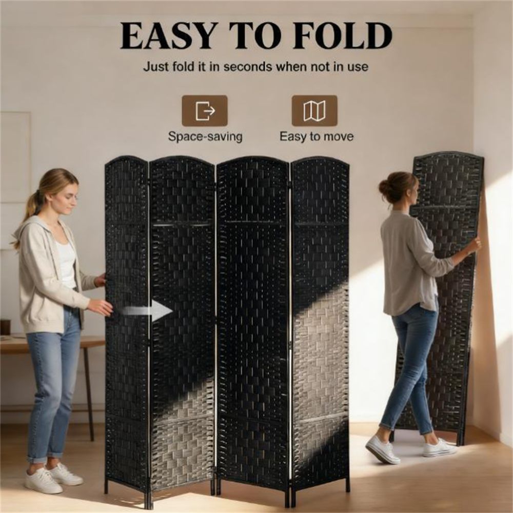 Elegant Wicker Room Divider with Arched Top – 4-Panel Folding Privacy Screen