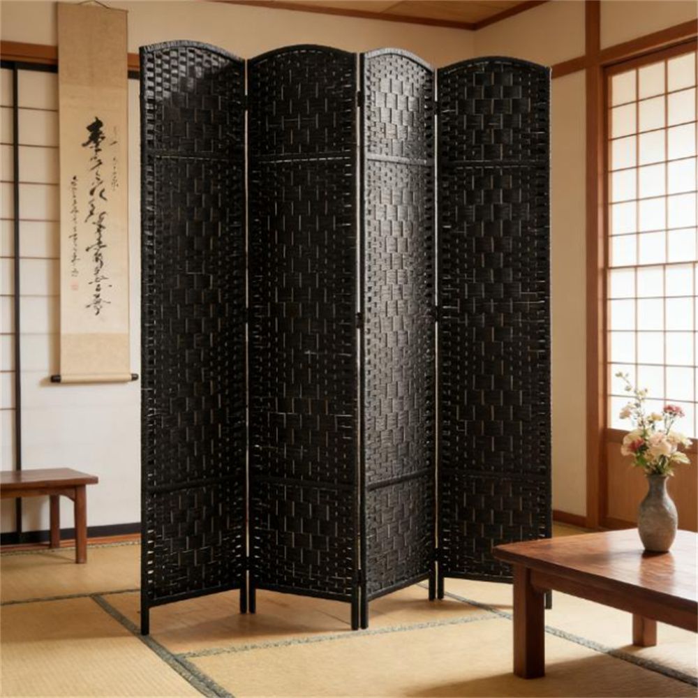 Elegant Wicker Room Divider with Arched Top – 4-Panel Folding Privacy Screen