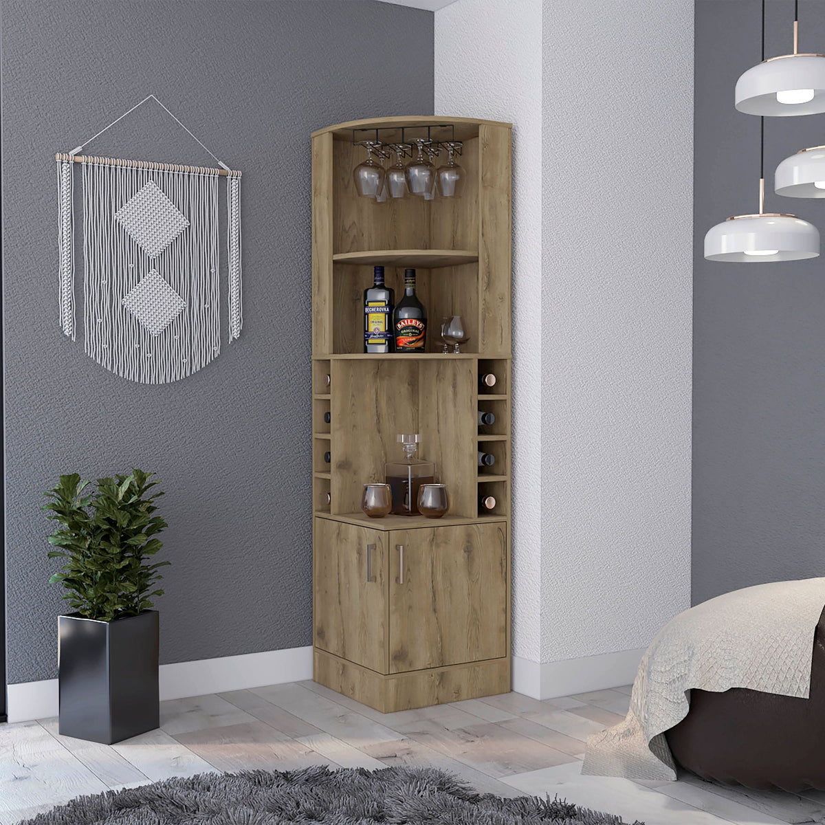 Seattle Corner Bar Cabinet with Bottle and Glass Storage