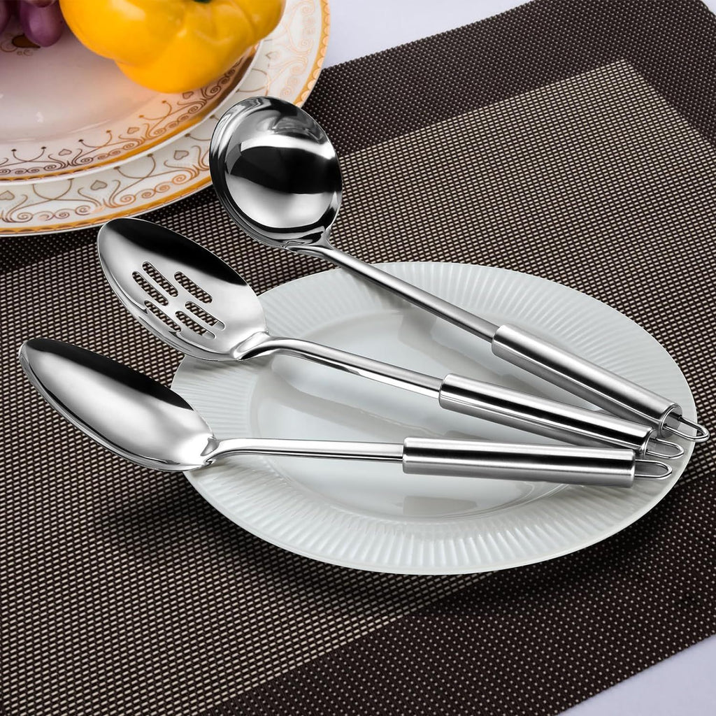 3-Piece Silver Stainless Steel Serving Utensils Set for Parties and Buffet