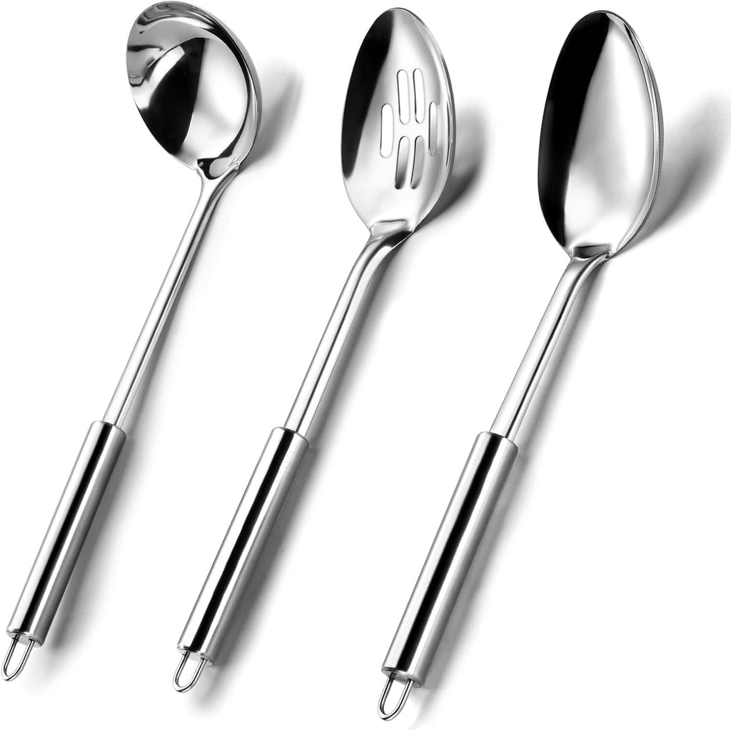 3-Piece Silver Stainless Steel Serving Utensils Set for Parties and Buffet