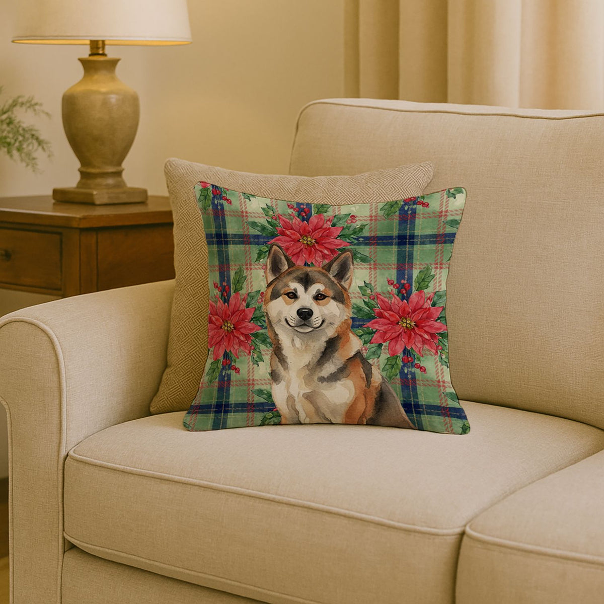 Sesame Akita Christmas Poinsettia Accent Pillow