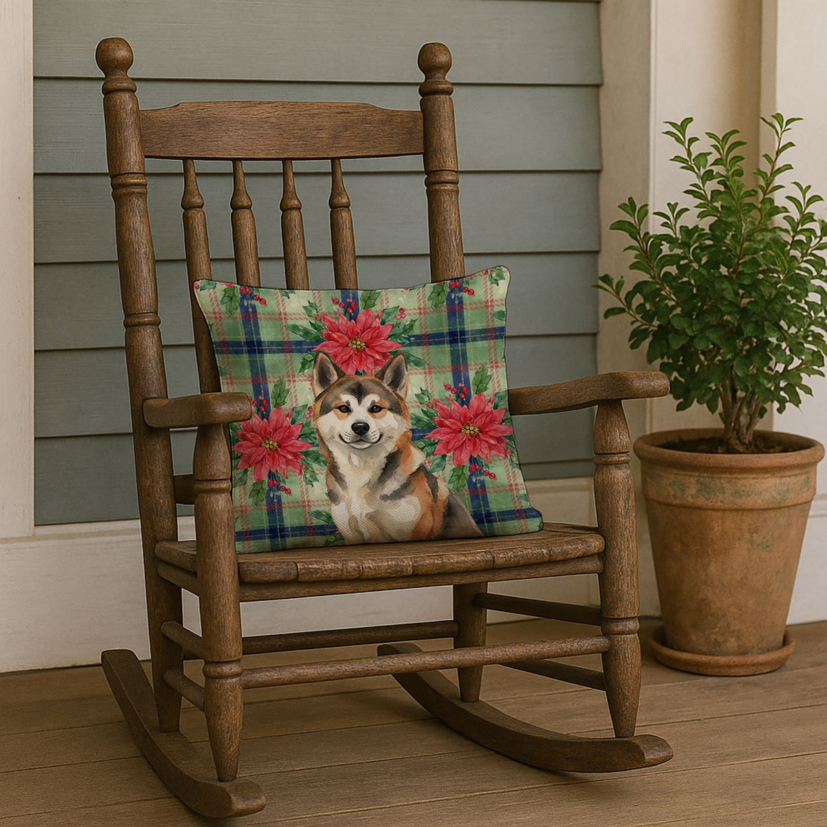 Sesame Akita Christmas Poinsettia Accent Pillow
