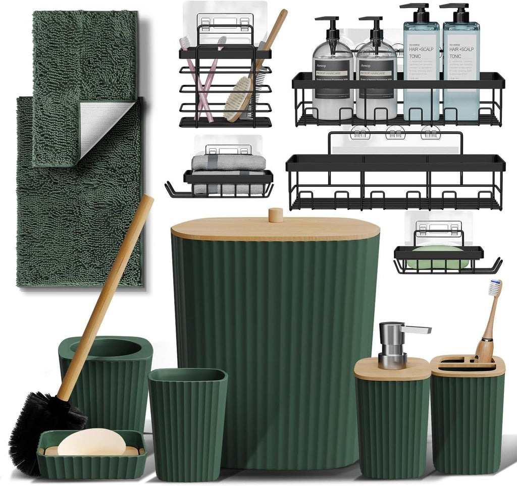6-Piece Hunter Green Bathroom Accessories Set with Rugs and Shower Caddy