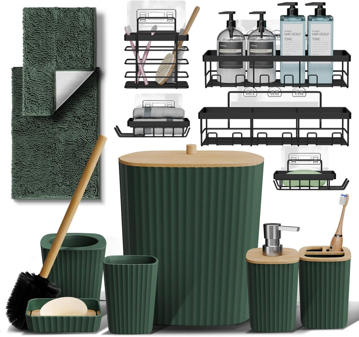 6-Piece Hunter Green Bathroom Accessories Set with Rugs and Shower Caddy