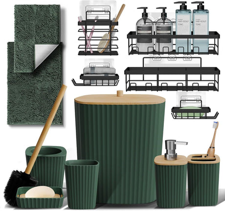 6-Piece Hunter Green Bathroom Accessories Set with Rugs and Shower Caddy