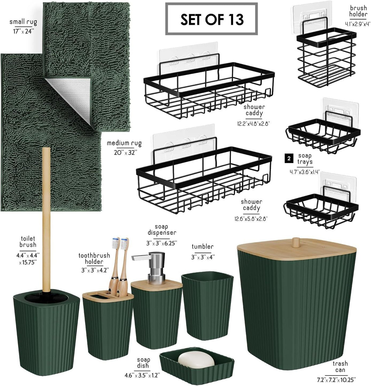 6-Piece Hunter Green Bathroom Accessories Set with Rugs and Shower Caddy