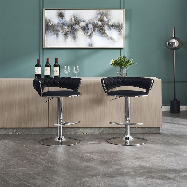 Set of 2 Bar Stools with Chrome Footrest and Swivel Height Adjustment