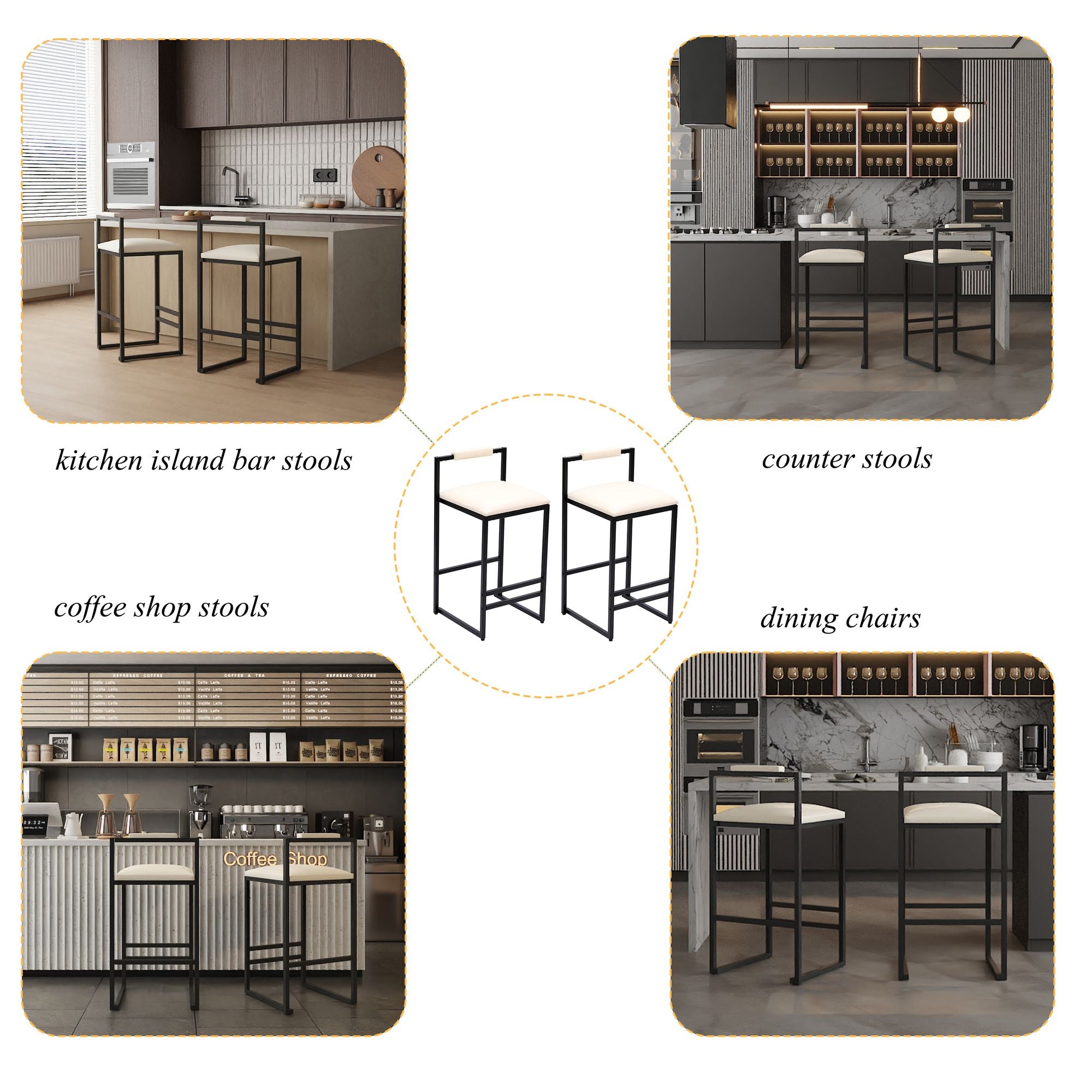 Set of 2 Barstools Faux Leather Upholstered Bar Stools Modern Metal Frame Dining Chairs