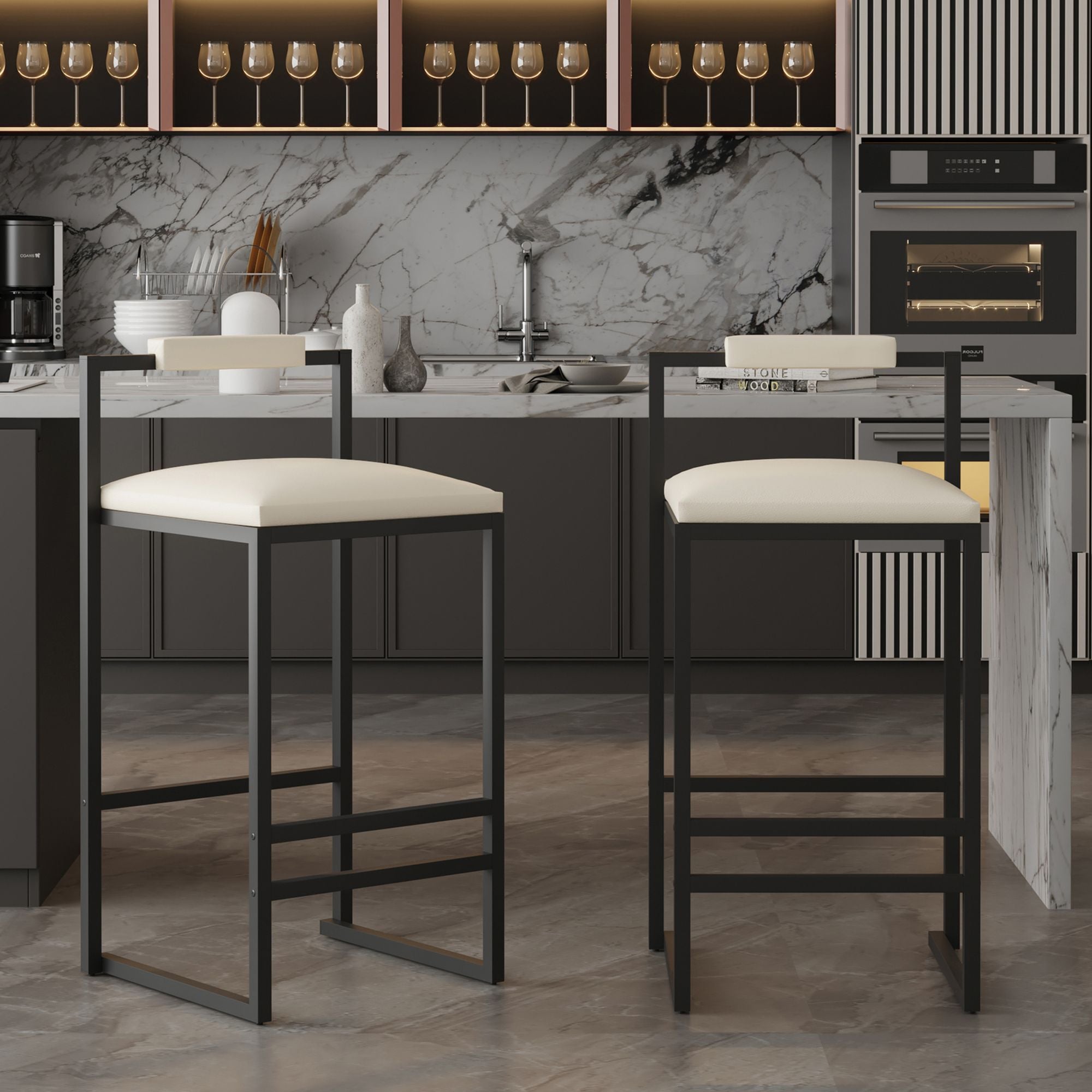 Set of 2 Barstools Faux Leather Upholstered Bar Stools Modern Metal Frame Dining Chairs