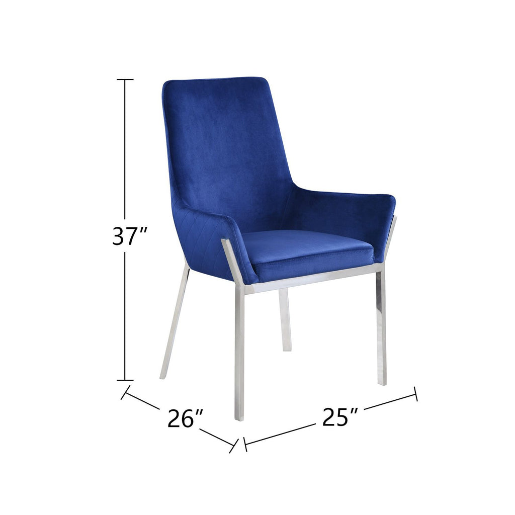 Set of 2 Blue Upholstered Side Chairs with Mirrored Silver Finish