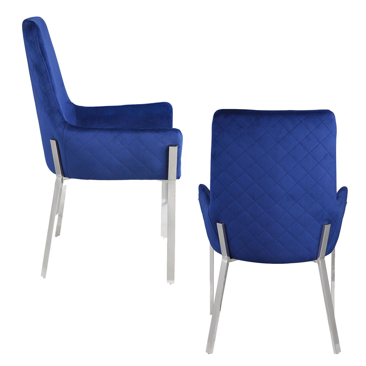 Set of 2 Blue Upholstered Side Chairs with Mirrored Silver Finish