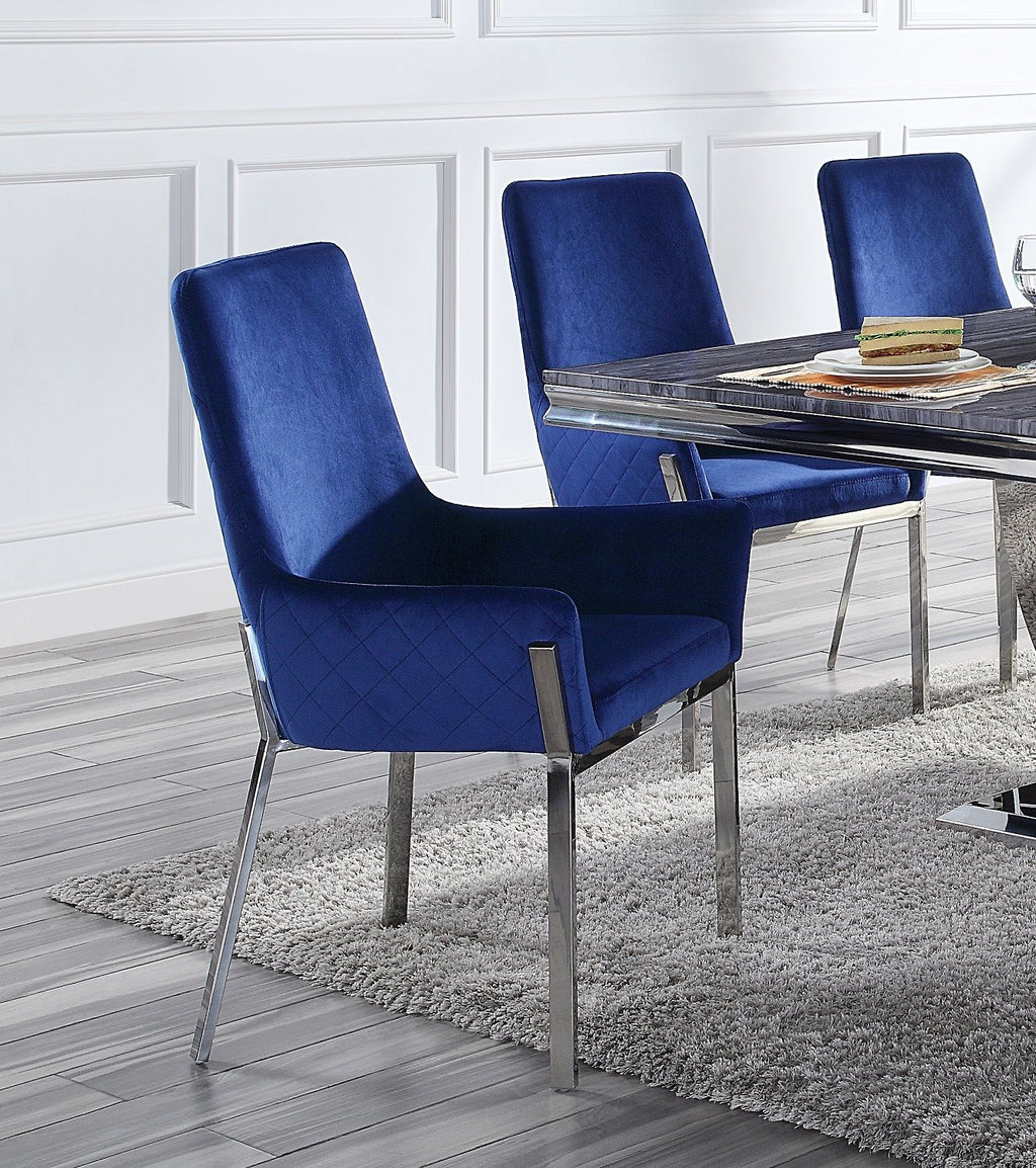 Set of 2 Blue Upholstered Side Chairs with Mirrored Silver Finish