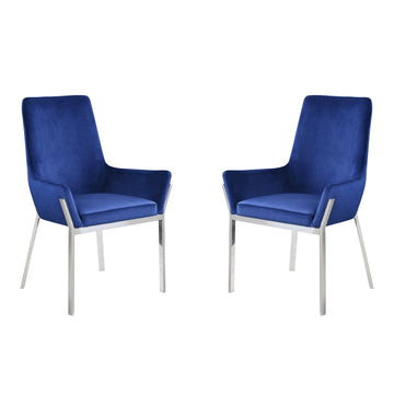 Set of 2 Blue Upholstered Side Chairs with Mirrored Silver Finish