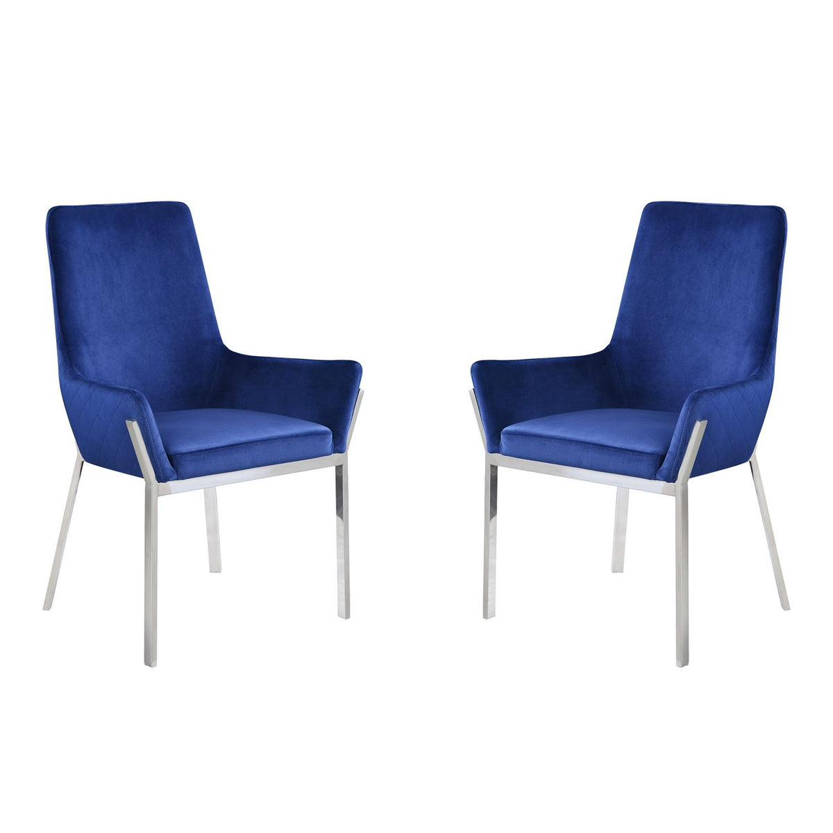 Set of 2 Blue Upholstered Side Chairs with Mirrored Silver Finish