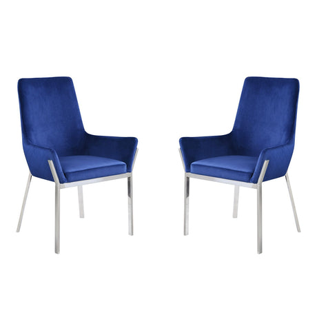 Set of 2 Blue Upholstered Side Chairs with Mirrored Silver Finish