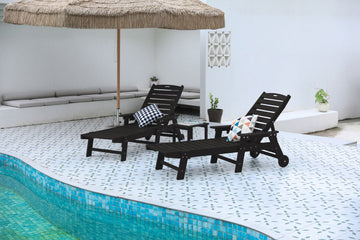Oversized Chaise Lounge Chair with 5 Positions, HDPE, Wheels, Cup Holders - Set of 2