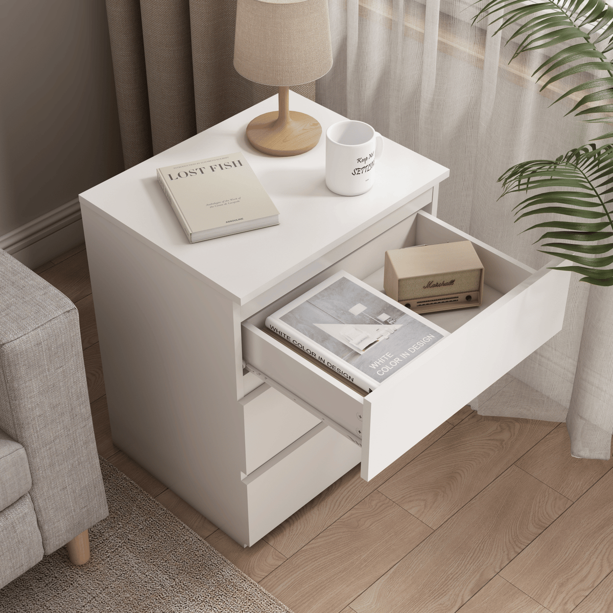 Pair of White Three-Drawer Nightstands and Small Dressers