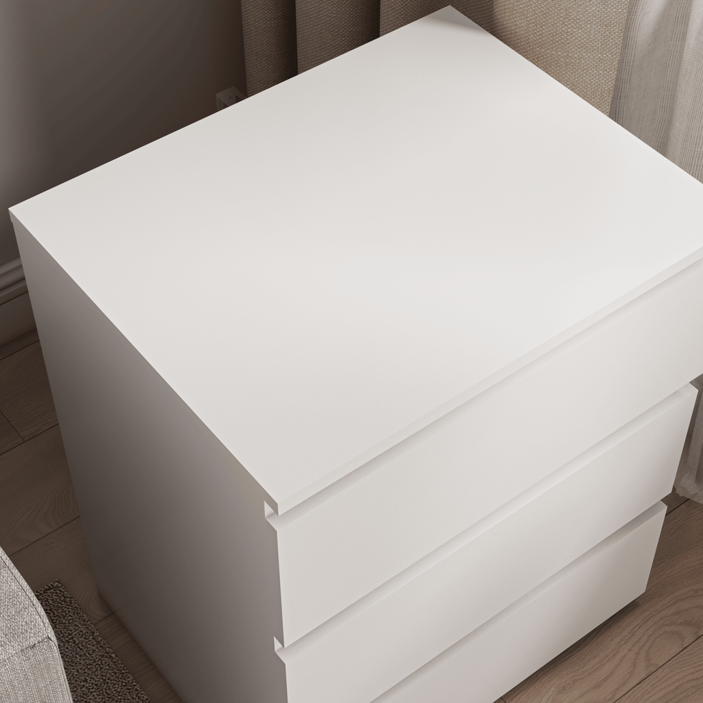 Pair of White Three-Drawer Nightstands and Small Dressers