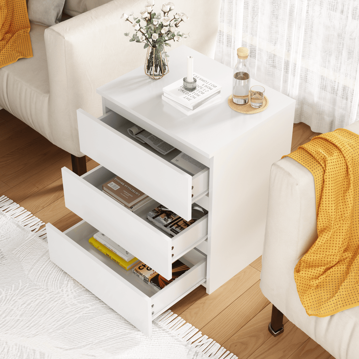Pair of White Three-Drawer Nightstands and Small Dressers