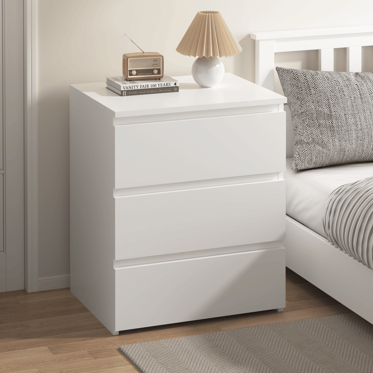 Pair of White Three-Drawer Nightstands and Small Dressers