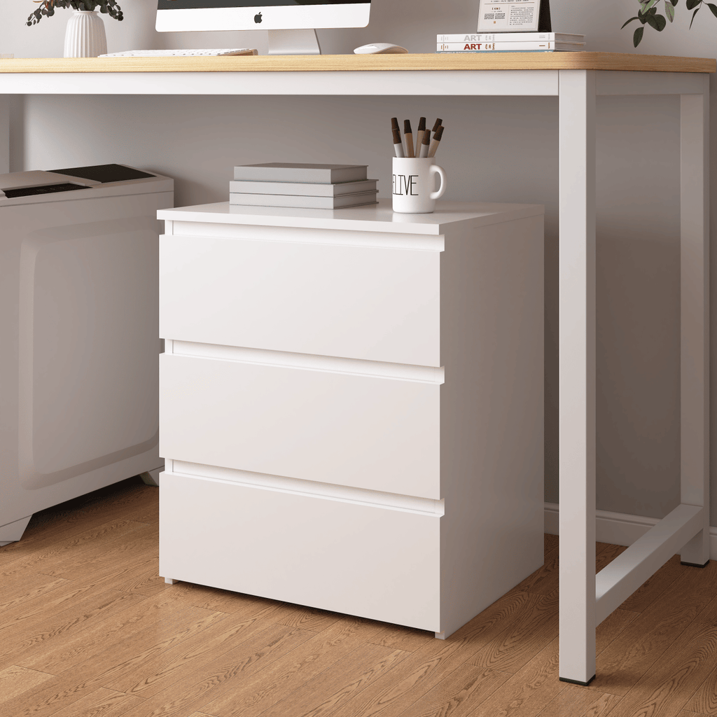 Pair of White Three-Drawer Nightstands and Small Dressers