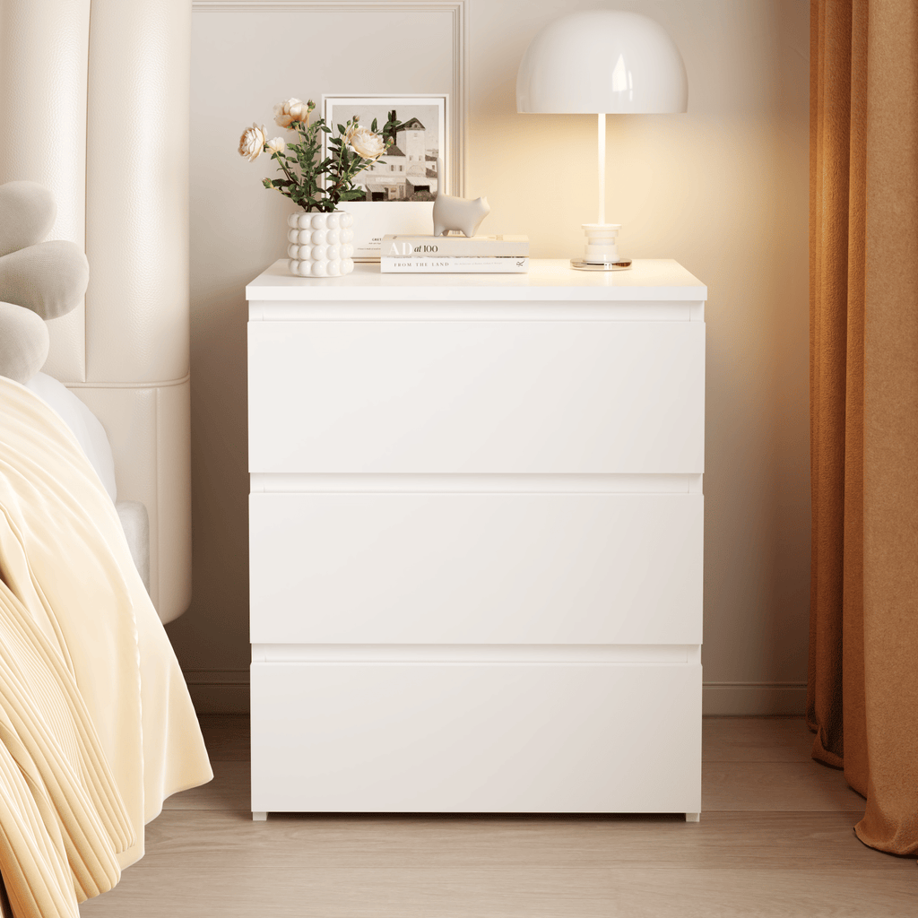 Pair of White Three-Drawer Nightstands and Small Dressers