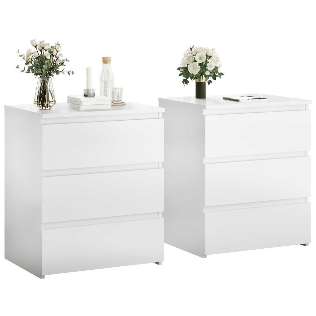 Pair of White Three-Drawer Nightstands and Small Dressers