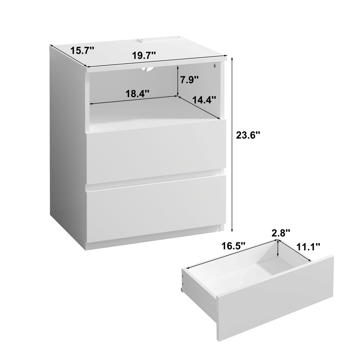 Charging End Tables with Drawers and Open Shelves