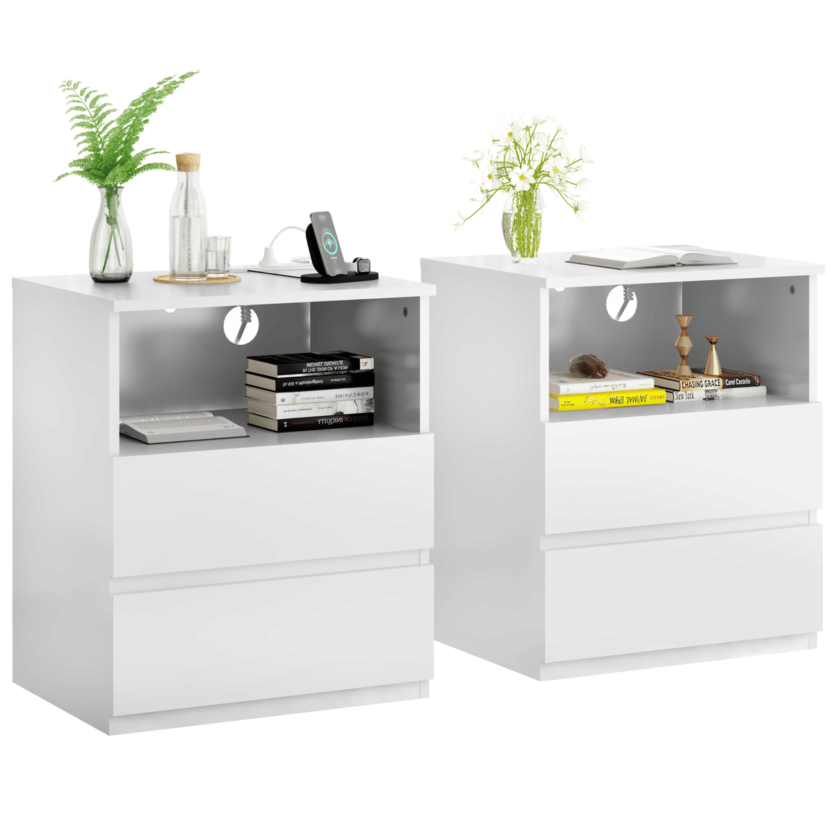 Charging End Tables with Drawers and Open Shelves